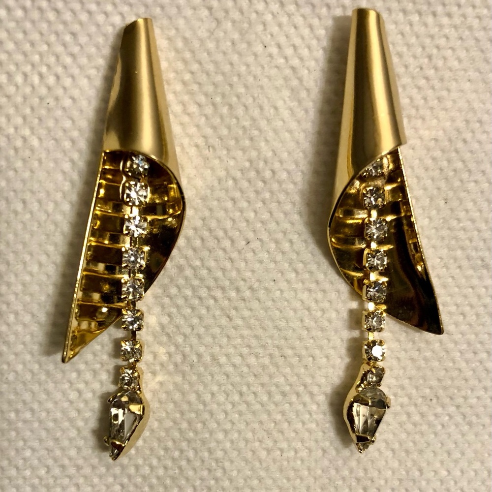 Elegant Gold-Tone Dangle Drop Stud Earrings w/ clear Rhinestone Accents
